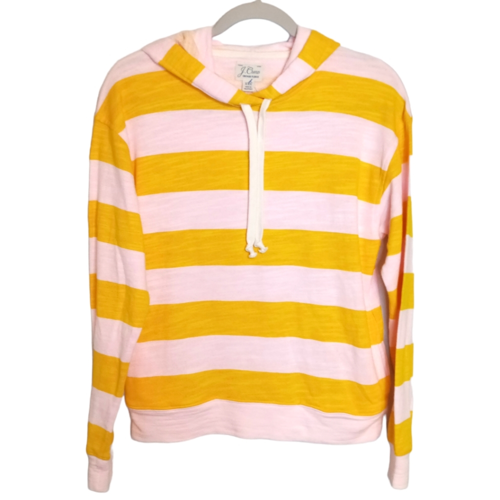 NWT J. Crew vintage fleece pink and yellow striped hooded pullover XXS